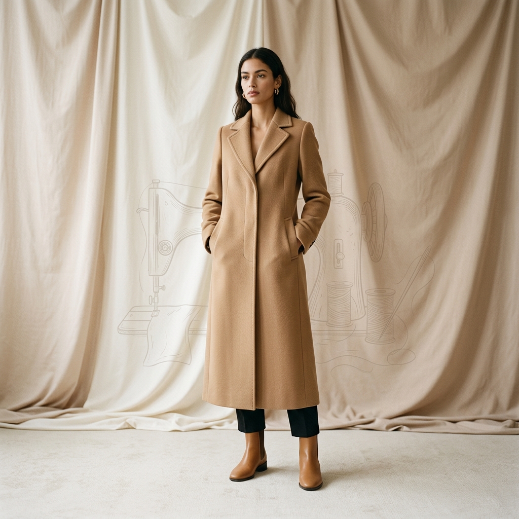 Model in camel coat inside cream studio with sewing-line artwork
